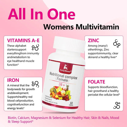 JulyDeer One Daily Tablet Multivitamin for Women - Complete Multimineral with Vitamin A, C, D, E and B-Complex, Zinc & More for Women's Immunity JulyDeer