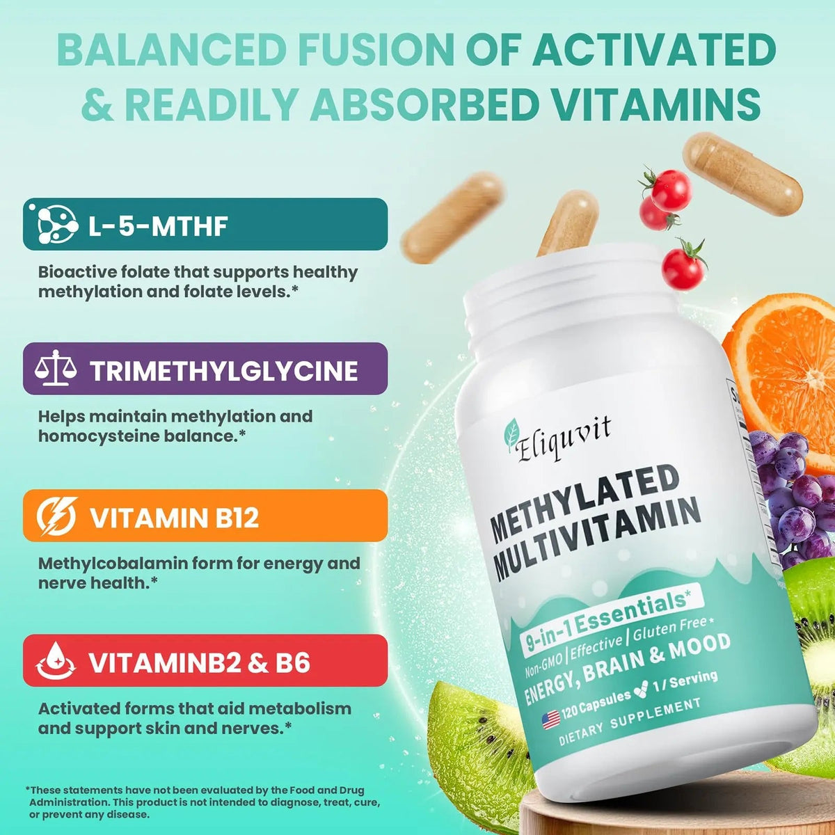 Eliquvit Methylated Multivitamin for Men & Women - Methylated B Complex with Methylfolate & B12-9-in-1 MTHFR Support + TMG - Vegan Multivitamin Eliquvit