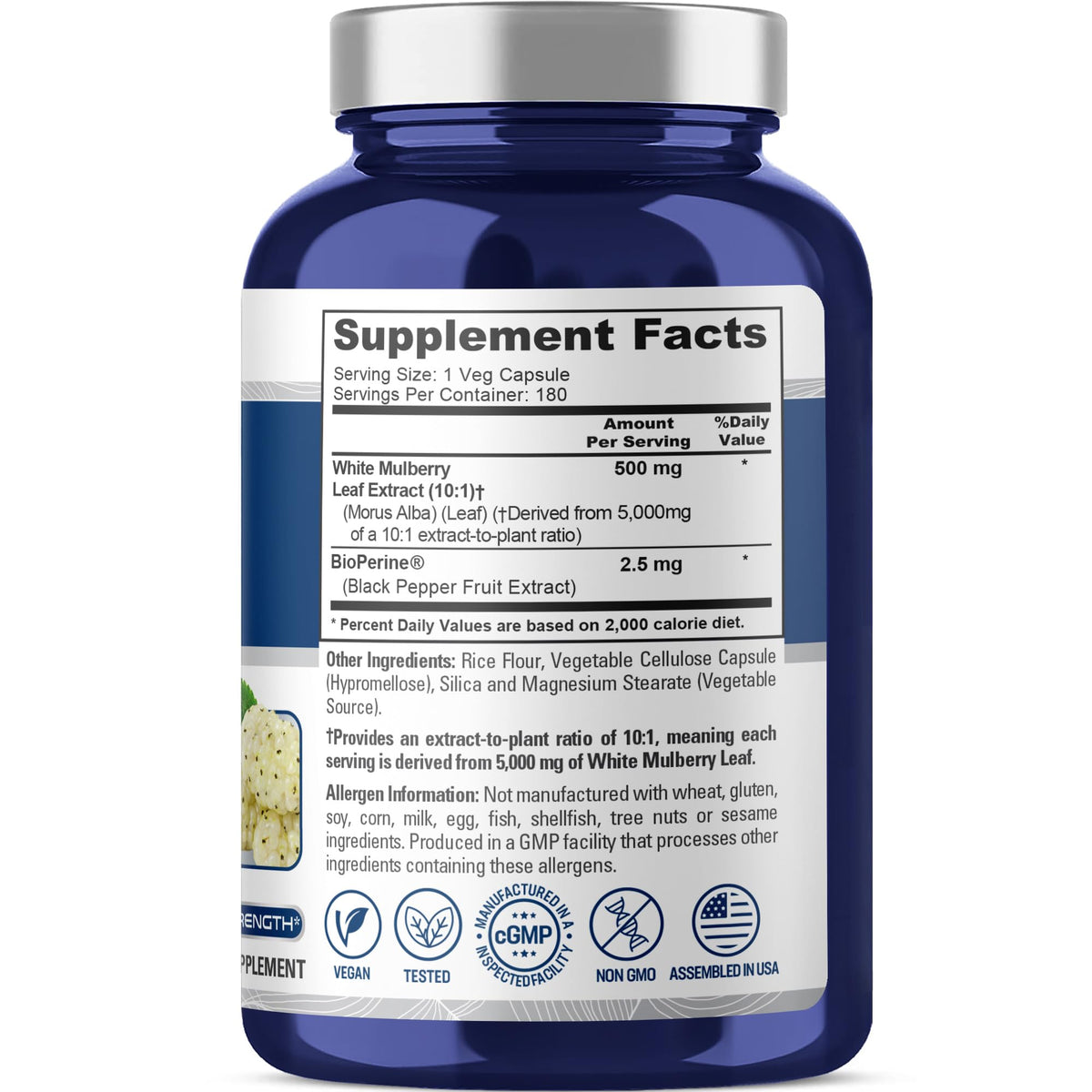 NusaPure White Mulberry Leaf Extract 10:1 Extract, 500 mg Equivalent to 5000mg 180 Veg Caps (Vegan, Non GMO Bioperine) NusaPureBuy Supplements Australia