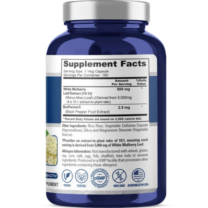 NusaPure White Mulberry Leaf Extract 10:1 Extract, 500 mg Equivalent to 5000mg 180 Veg Caps (Vegan, Non GMO Bioperine) NusaPureBuy Supplements Australia