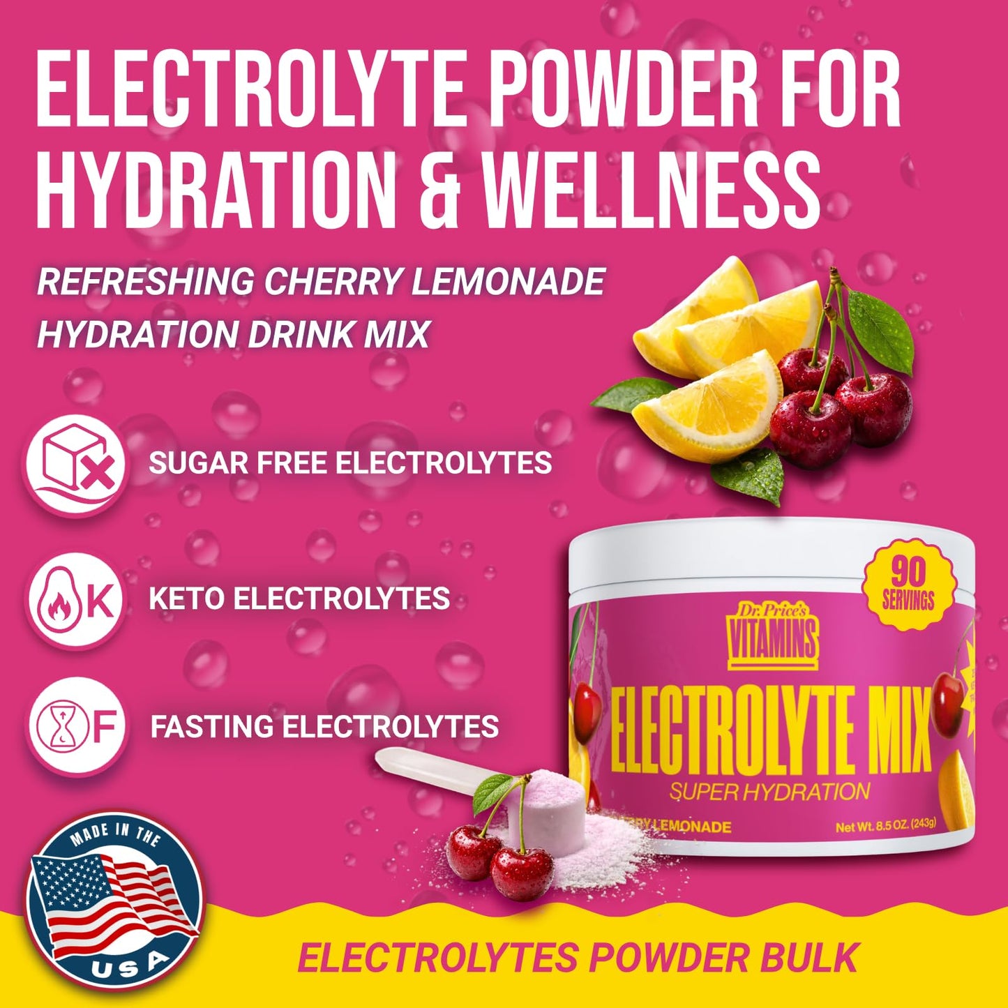Dr. Price’s Electrolytes Powder Bulk – Cherry Lemonade, 90 Servings | Sugar Free Hydration Drink Mix with 72+ Trace Minerals, Manganese | Keto, Vegan, Doctor-Formulated, Made in USA Dr. Price's Vitamins buy supplements Au