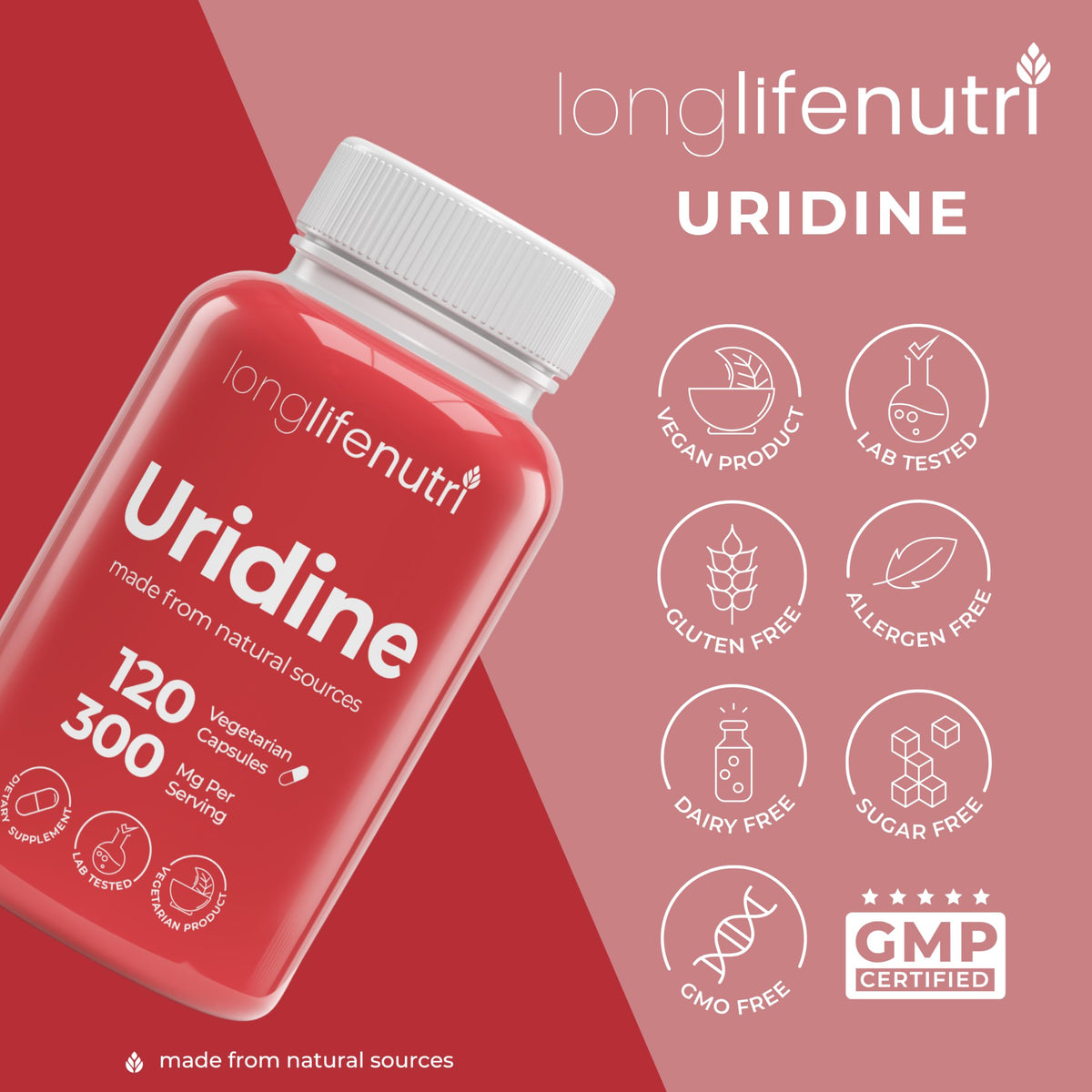 LongLifeNutri Uridine Monophosphate 300mg – Choline Precursor & Synaptic Function, Nootropic for Focus & Mental Performance, 120 Vegetarian Capsules, 4-Month Supply, GMP Certified, Made in USA LongLifeNutriBuy Supplements Australia