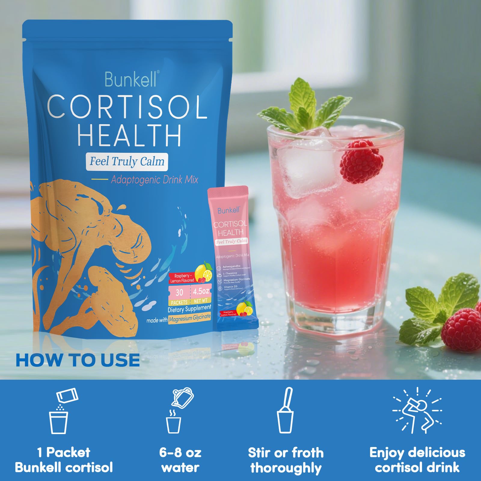 Bunkell Cortisol Powdered Drink Mix, Made with Magnesium Glycinate, L-Theanine, Ashwagandha & Vitamin D3, Cortisol Supplements for Relaxation, Focus & Calm Support, Raspberry Lemonade Flavor, 30 Ct BunkellBuy Supplements Australia
