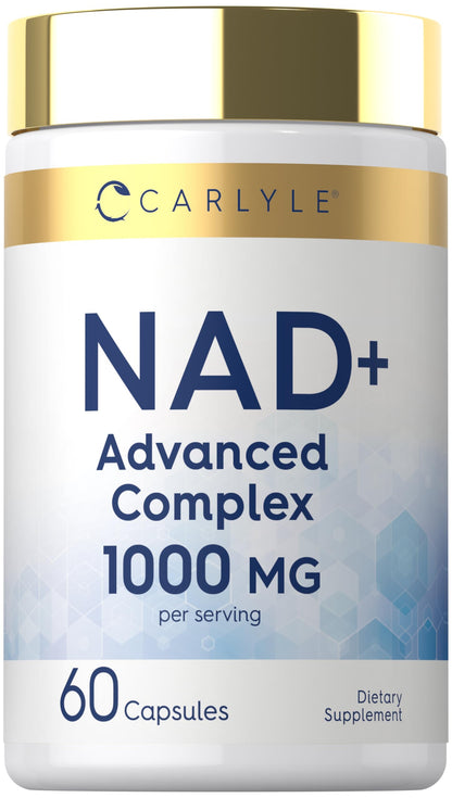 Supplement container labeled 'NAD+ Advanced Complex 1000 MG' by Carlyle on a white background.