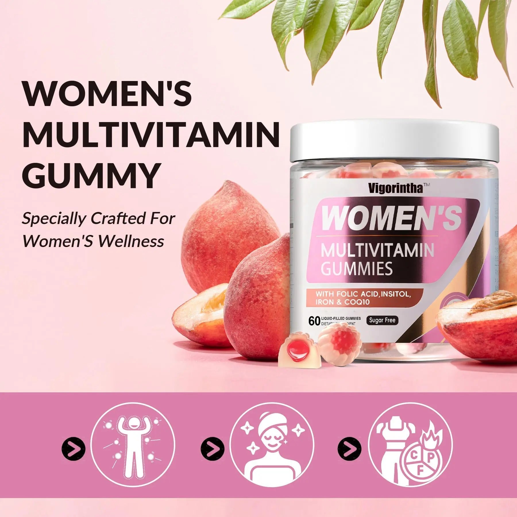 Vigorintha 2 Pack Sugar Free Womens Multivitamin Gummies with 19 Multi Vitamins & Minerals,Iron,Calcium,Folate,Biotin,Inositol Vigorintha