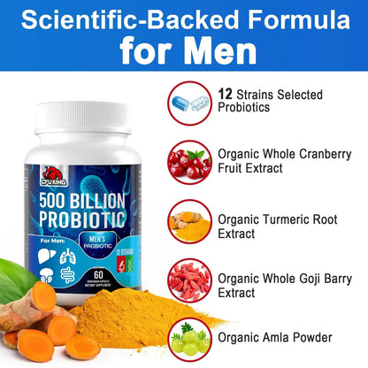 Probiotics for Men, 500 Billion CFU & 12 Mens Probiotic for Digestive Health + 4 Organic Prebiotic Fiber, for Digestive, Gut, Immune Health, Bloating, Gas, Energy Support, Shelf Stable - 120 Capsules CFUKING buy supplements Au