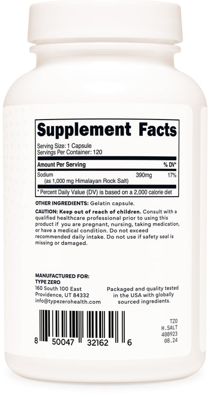 Type Zero Himalayan Rock Salt Capsules (120 Capsules) (1000mg per Serving) Type ZeroBuy Supplements Australia