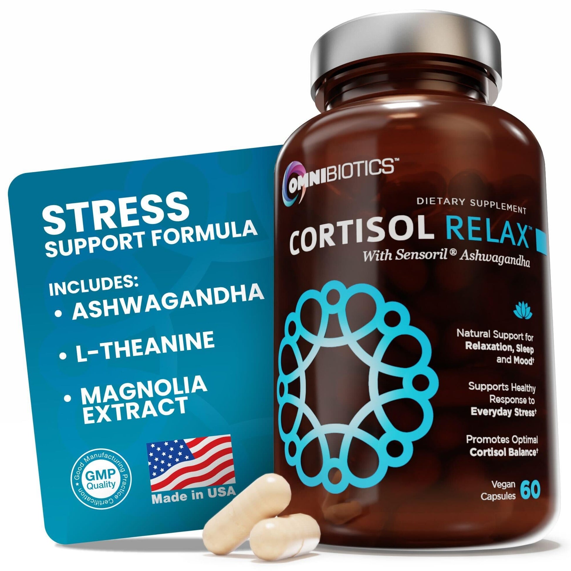 OmniBiotics Cortisol Supplement for Women and Men - High Cortisol Manager with Ashwagandha, L-Theanine, Magnolia Extract, Phosphatidylserine to Support Relaxation, Calm, Detox - 60 Vegan Capsules OmniBioticsBuy Supplements Australia