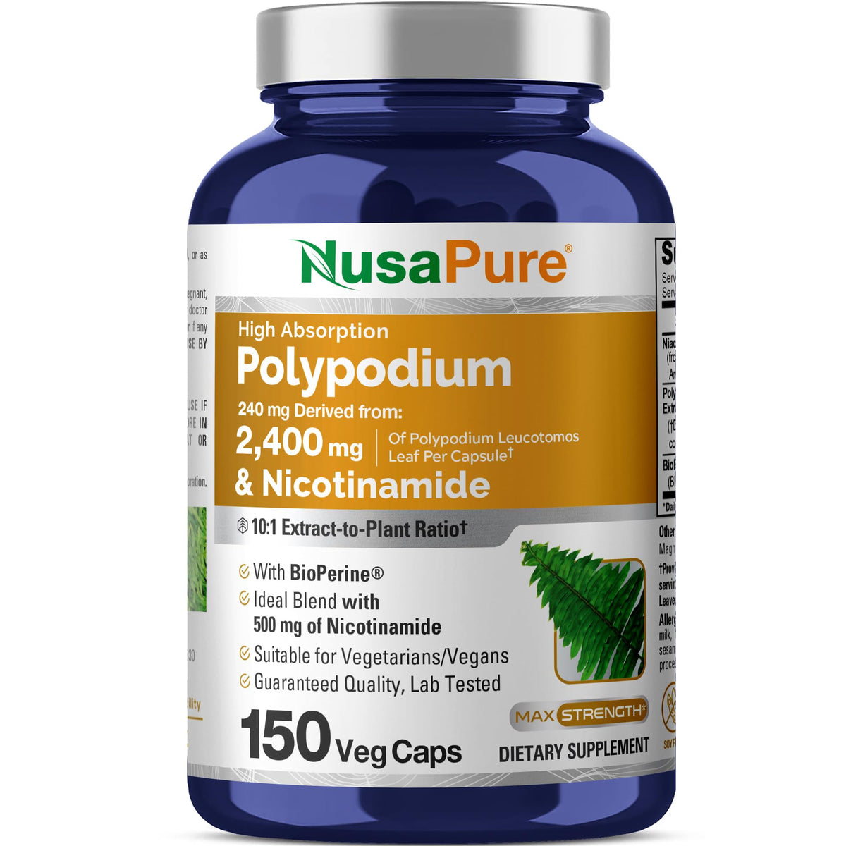 NusaPure Polypodium Nicotinamide 10:1 Extract, 240 mg Equivalent to 2,400 mg per Veg Caps - 150 Count (Non-GMO, Soyfree, Bioperine) NusaPureBuy Supplements Australia