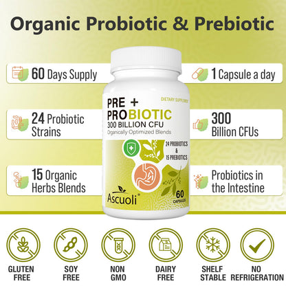 Ascuoli Probiotics for Women & Men - 300 Billion CFU, 24 Strains Probiotics + 15 Organic Herbs Blend, Daily Probiotic for Digestive Health,