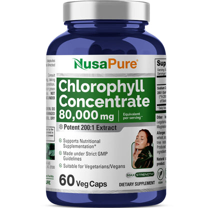 NusaPure Chlorophyll 200:1 Extract, 400 mg Equivalent to 80,000mg 60 Veggie Caps (Equivalent 80000mg per Serving, Non-GMO, Vegan) Sodium Copper Chlorophyllin NusaPureBuy Supplements Australia