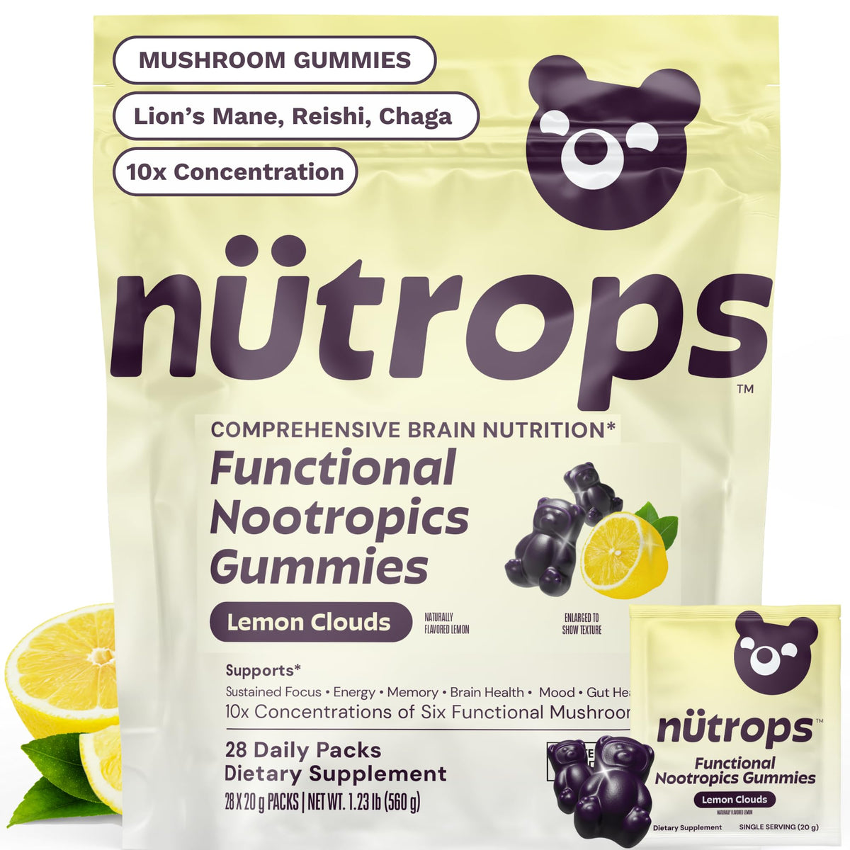 Nutrops Lions Mane Mushroom Gummies for adults, Functional Nootropics, Herbal Brain Supplement for Energy, Brain Health, Cognitive, Memory & Focus, Reishi, Chaga, Cordyceps, Coriolus, 28 daily Packs GrünsBuy Supplements Australia
