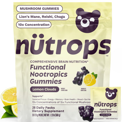 Nutrops Lions Mane Mushroom Gummies for adults, Functional Nootropics, Herbal Brain Supplement for Energy, Brain Health, Cognitive, Memory & Focus, Reishi, Chaga, Cordyceps, Coriolus, 28 daily Packs GrünsBuy Supplements Australia
