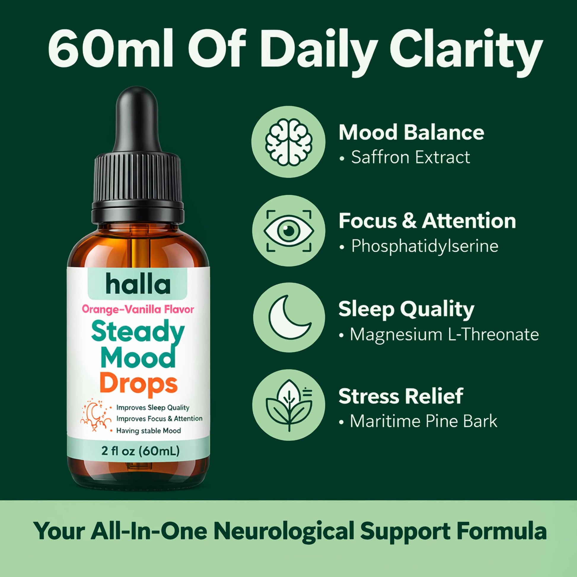 Halla Steady Mood Drops Saffron Extract, Maritime Pine Bark Extract, Phosphatidylserine, Magnesium L-Threonate, Sleep Supplements, Improves Focus & Attention, Mood Support Supplement, 60ml HALLA buy supplements Au