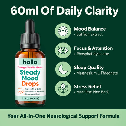 Halla Steady Mood Drops Saffron Extract, Maritime Pine Bark Extract, Phosphatidylserine, Magnesium L-Threonate, Sleep Supplements, Improves Focus & Attention, Mood Support Supplement, 60ml HALLA buy supplements Au