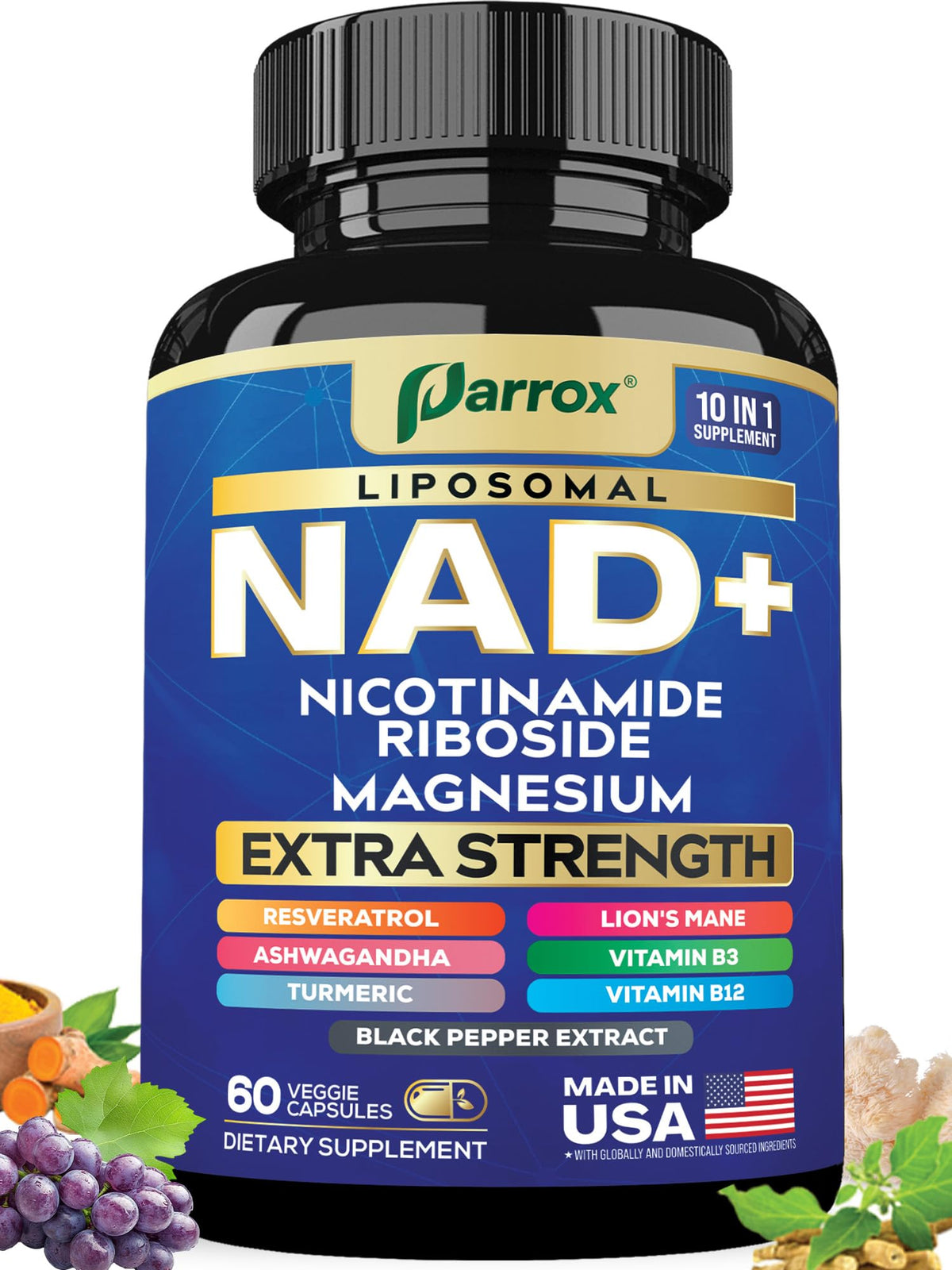 Parroox NAD+ supplement bottle with ingredients listed on a white background