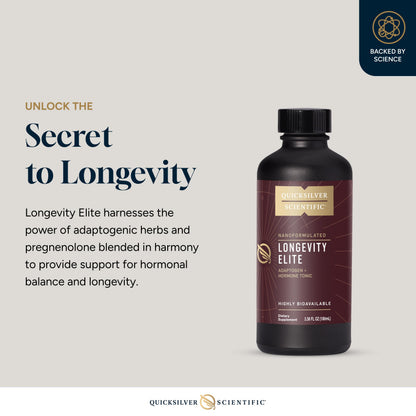 Quicksilver Scientific Longevity Elite - Liposomal Adaptogen + Pregnenolone Tonic - Herbal Supplements Designed for Age Optimization Support While Targeting AMPK, Sirtuins + Telomeres (100ml) Quicksilver ScientificBuy Supplements Australia