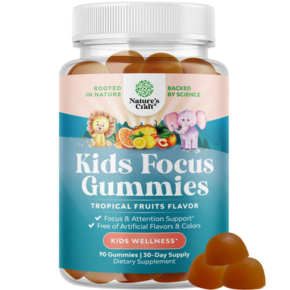 Kids Focus Gummies - Nootropics Brain Support Supplement for Kids with Green Tea Extract, B6 & B12 Vitamins for Memory and Brain Focus - Herbal Concentration Chews for Children - 90 Count Natures CraftBuy Supplements Australia
