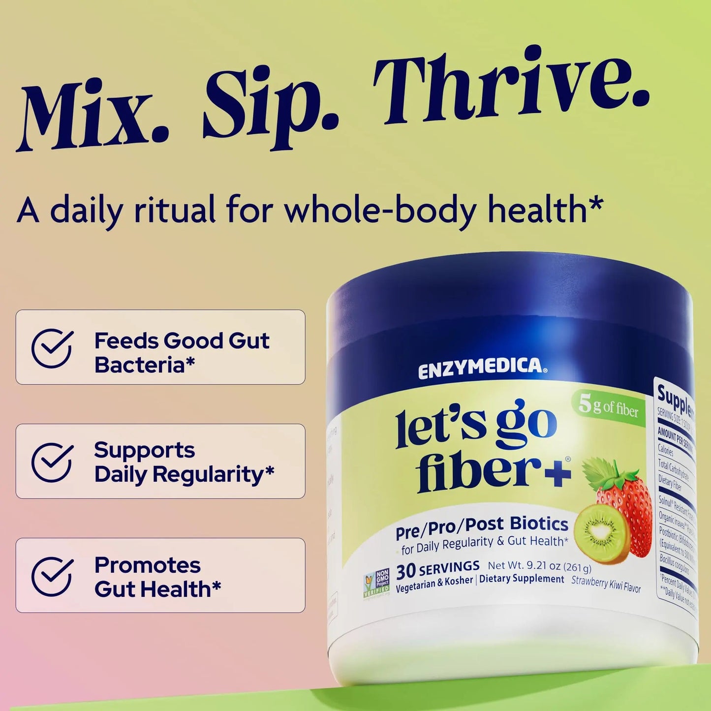 Enzymedica, Let’s Go Fiber+ Strawberry & Kiwi, Prebiotics & Probiotics, Postbiotic, Soluble Fiber for Gut Health, Regularity, Powder for Men & Women, Sugar-Free, 30 Servings EnzymedicaBuy Supplements Australia