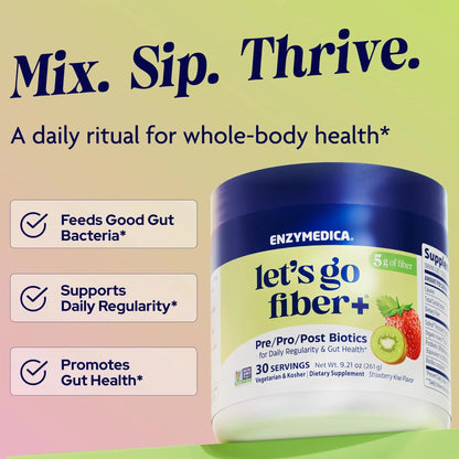 Enzymedica, Let’s Go Fiber+ Strawberry & Kiwi, Prebiotics & Probiotics, Postbiotic, Soluble Fiber for Gut Health, Regularity, Powder for Men & Women, Sugar-Free, 30 Servings EnzymedicaBuy Supplements Australia