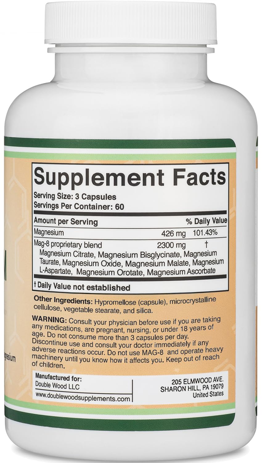 Magnesium Complex Supplement 180 Capsules (426mg Elemental Magnesium Provided by 2,300mg of Eight Different Forms of Magnesium) MAG-8 Provides 100% Daily Recommended Value of Magnesium by Double Wood Double Wood SupplementsBuy Supplements Australia