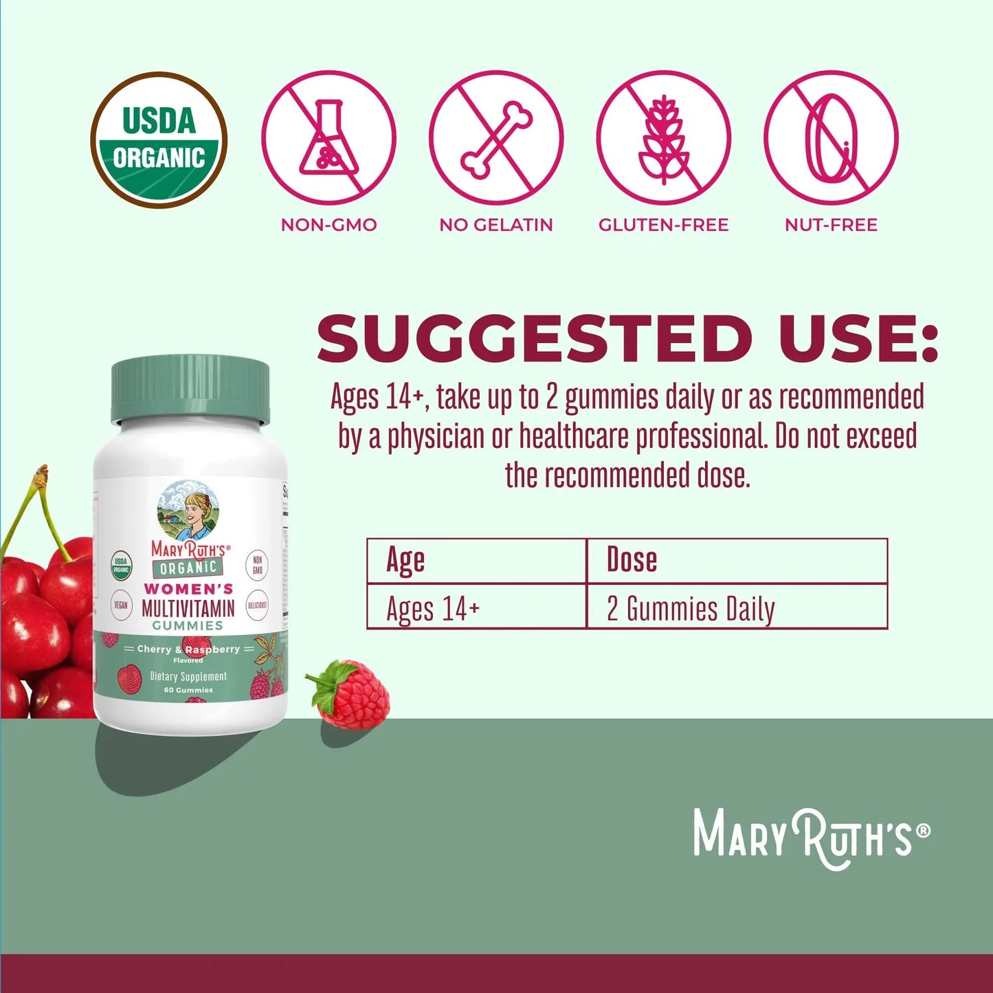 MaryRuth's Multivitamin Gummies for Women (Cherry & Raspberry) & Iron Liquid Supplement (Berry) | Clean Label Project Verified MARYRUTH'S