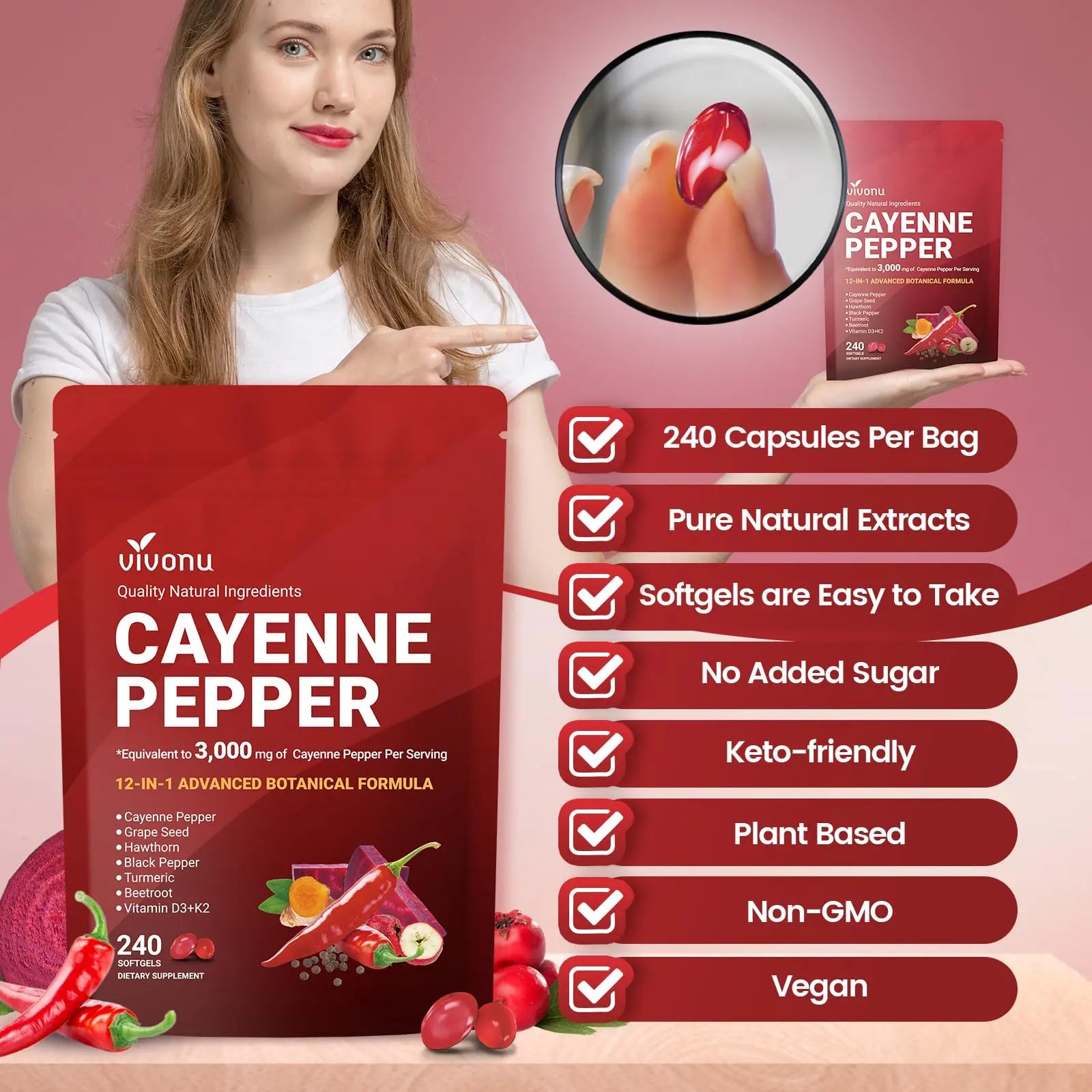 VivoNu Cayenne Pepper Softgels Supplement, Supports Leg Vein, Heart and Blood Vessel Health, with Vitamin E D3+K2 and Extracts of Grape Seed, Hawthorn VivoNu canada supplements