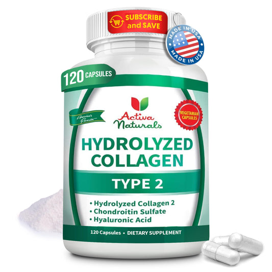 Activa Naturals Collagen Type 2 Hydrolyzed Supplement with Chondroitin and Hyaluronic, for Healthy Hair, Skin, and Nails, No Fillers, Additives, and No Artificial Colors - 120 Vegetarian Capsules Activa NaturalsBuy Supplements Australia