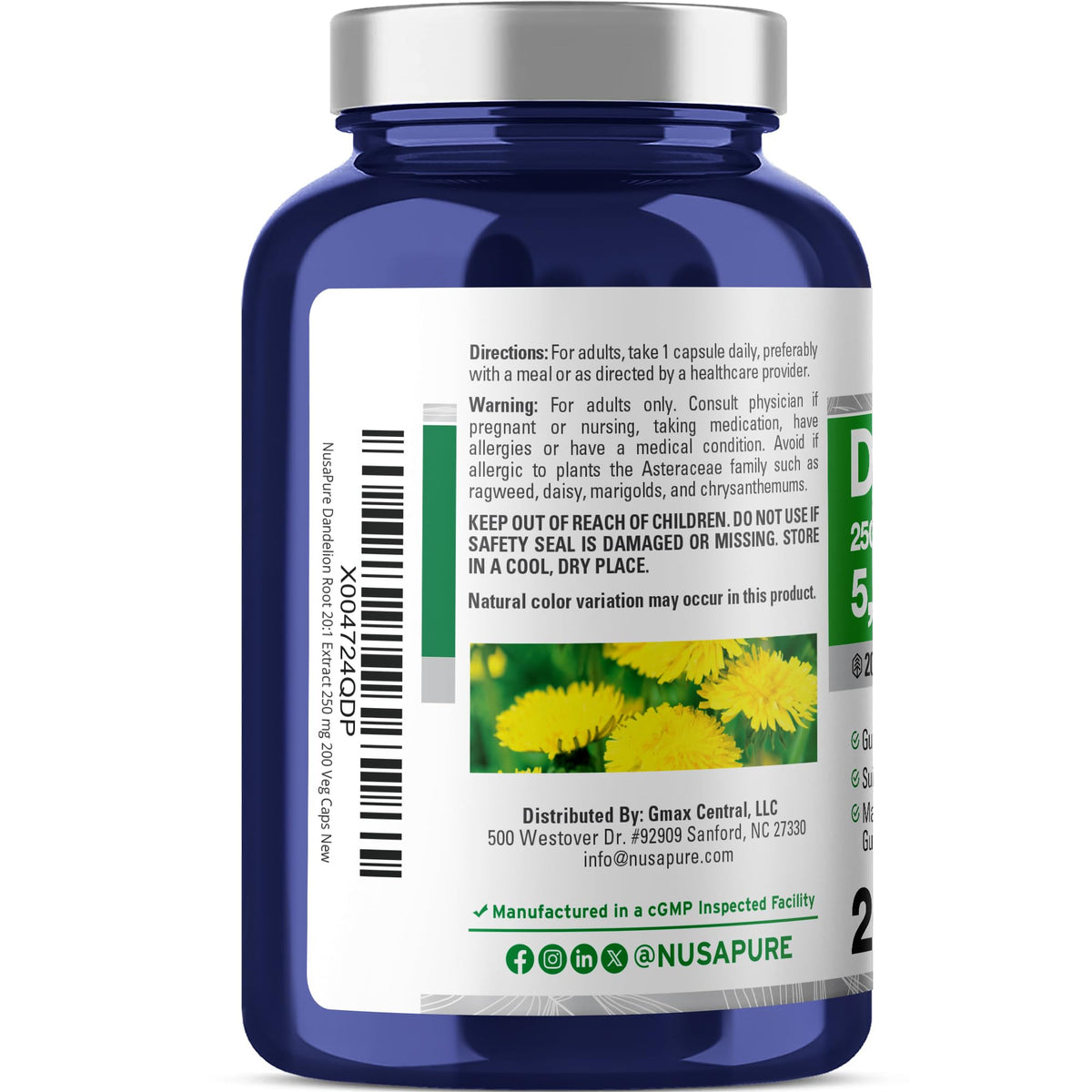 NusaPure Dandelion Root 20:1 Extract, 250 mg Equivalent to 5000mg 200 Veg Capsules (Vegan, Non-GMO) NusaPureBuy Supplements Australia