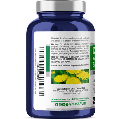 NusaPure Dandelion Root 20:1 Extract, 250 mg Equivalent to 5000mg 200 Veg Capsules (Vegan, Non-GMO) NusaPureBuy Supplements Australia