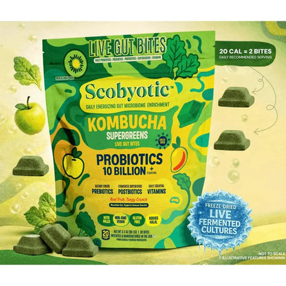 Scobyotic® Kombucha Supergreens Live Gut Bites – 10 Billion CFU Probiotics + Prebiotics & Postbiotics – Kombucha & Supergreens – Freeze-Dried Probiotic Supplement ScobyoticBuy Supplements Australia