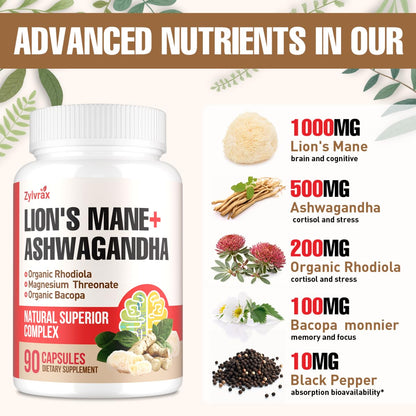 Ashwagandha & Lions Mane Supplements Capsules, Brain Supplements for Memory and Focus, Ashwagandha with Rhodiola Rosea for Cognitive, Immune Support, Cortisol Supplements for Women, 90 Capsules ZylvraxBuy Supplements Australia