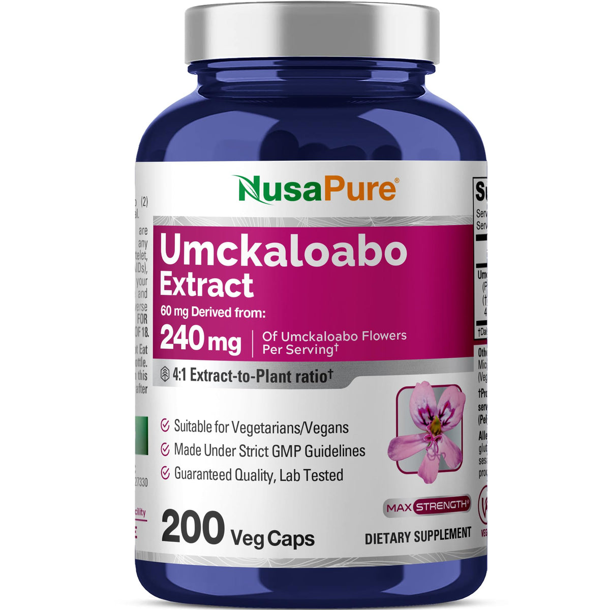 NusaPure Umckaloabo 4:1 Extract, 60 mg Equivalent to 240 mg Veggie Caps 200 Count (Non-GMO, Vegan) NusaPureBuy Supplements Australia