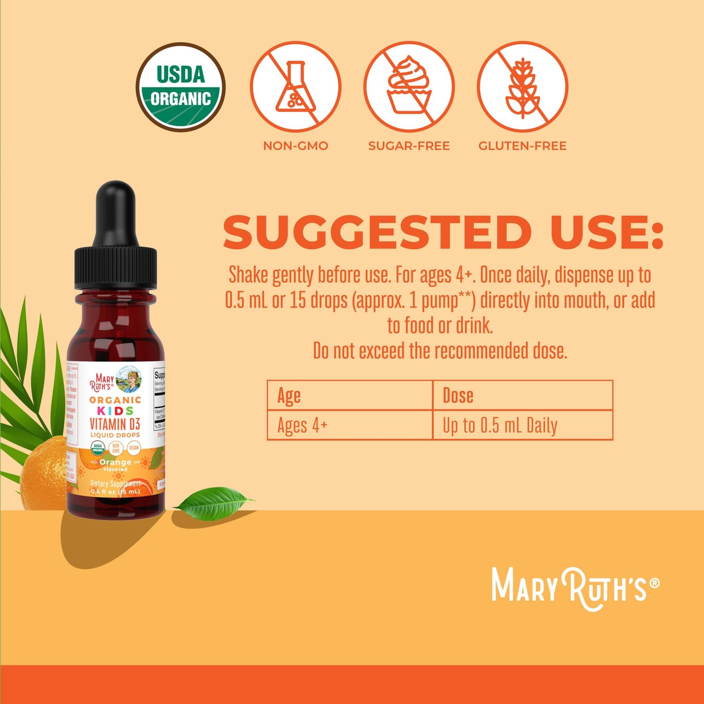 MaryRuth Organics USDA Organic Vitamin D3 Liquid Drops for Kids | 640 IU Vitamin D3 Per Serving | Kids Immune Support & Bone Health Supplement | Formulated for Ages 4-13 | 0.5oz | 30 Servings MARYRUTH'SBuy Supplements Australia