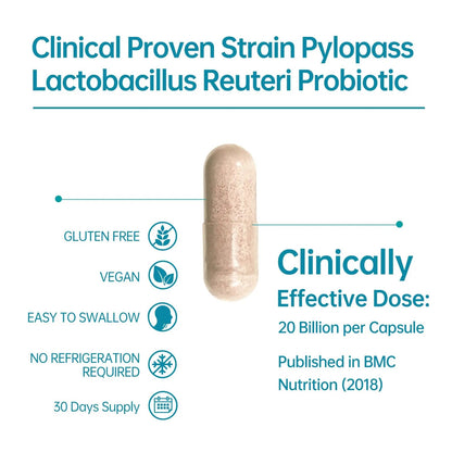 5-in-1 High Potency H. Pylori Probiotic, 1 Per Day - Supports Gastric Lining Integrity, Occasional Indigestion, Acid Comfort - Pylopass Lactobacillus Reuteri, Gluten Free, Vegan, 30ct, Made in Germany purmeoBuy Supplements Australia