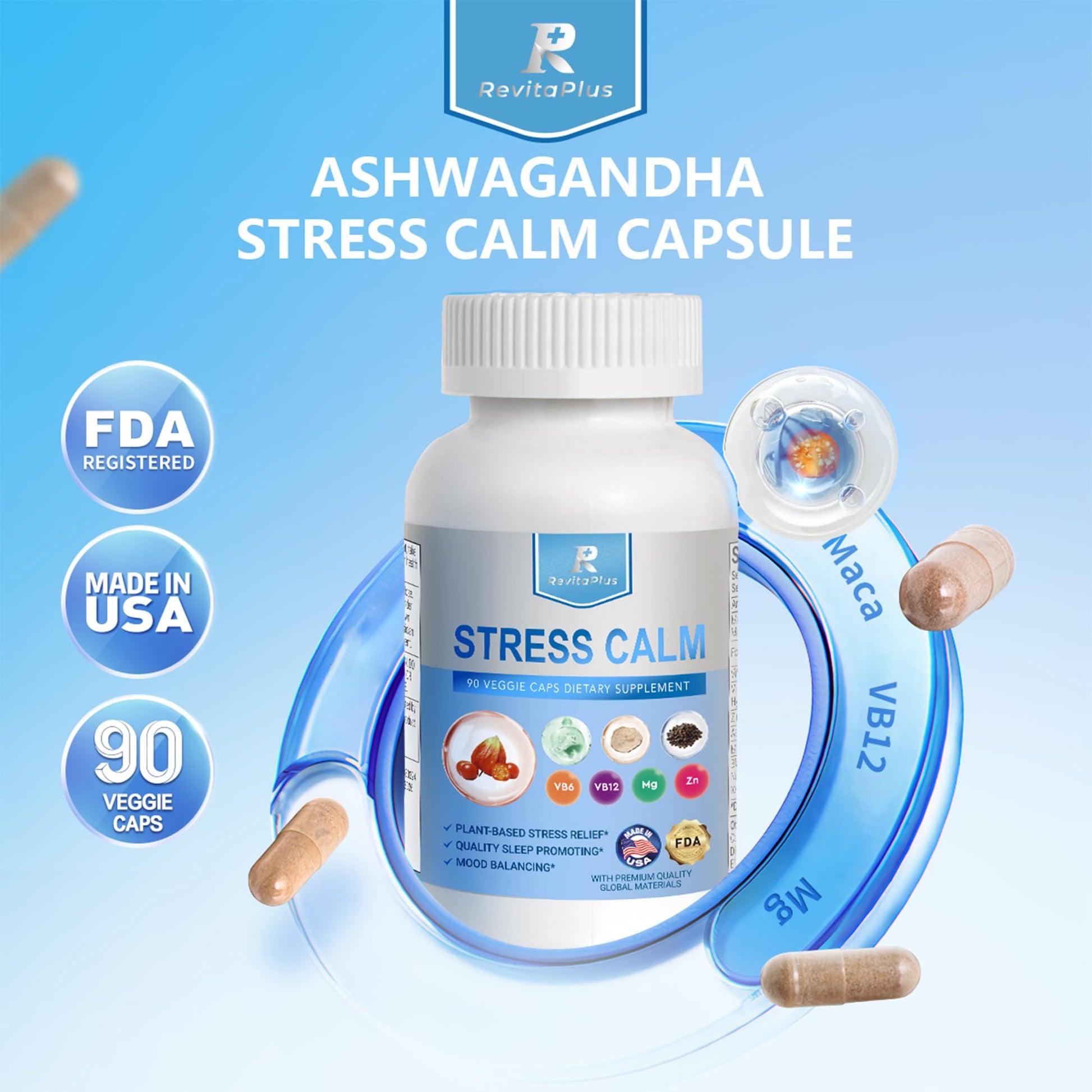 RevitaPlus 8-in-1 Ashwagandha Supplements with B12 B6 Magnesium Maca Zinc Folate, Cortisol Supplements for Women and Men Supports Stress Relief, Sleep, Energy, Focus(90 Capsules) RevitaPlusBuy Supplements Australia