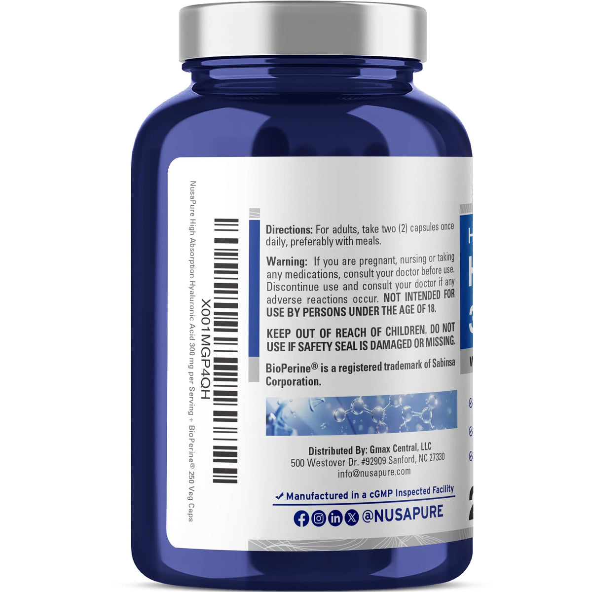 NusaPure Hyaluronic Acid 300mg 250 Veggie Capsules (Non-GMO, Vegan) NusaPureBuy Supplements Australia