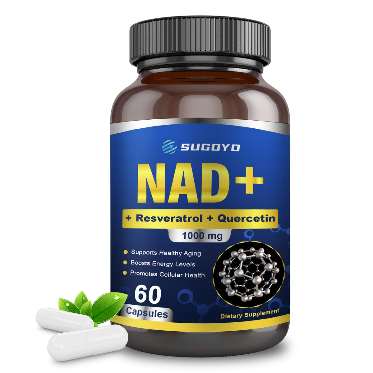 Supplement bottle labeled 'NAD+' with ingredients on a white background