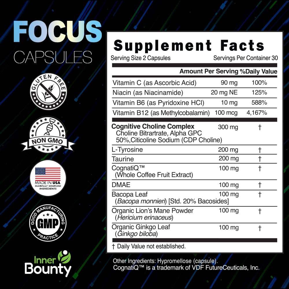 Inner Bounty Focus 14-in-1 Nootropic Brain Supplement with Lions Mane, Alpha GPC Choline, Vitamin C & B12, Taurine, Bacopa - Energy, Cognitive, Memory Support, 60 Filler Free Capsules Inner BountyBuy Supplements Australia