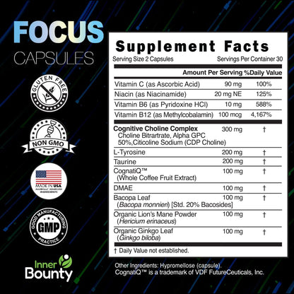 Inner Bounty Focus 14-in-1 Nootropic Brain Supplement with Lions Mane, Alpha GPC Choline, Vitamin C & B12, Taurine, Bacopa - Energy, Cognitive, Memory Support, 60 Filler Free Capsules Inner BountyBuy Supplements Australia