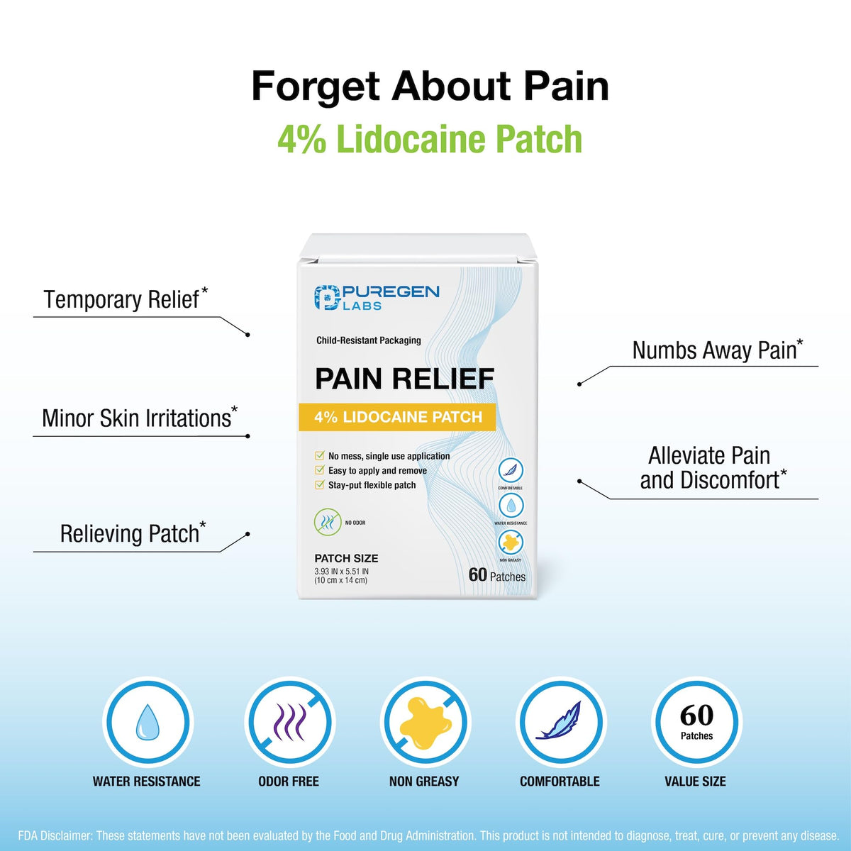 Puregen Labs Lidocaine 4% Numbing Patch - Total 60 Patches Maximum Strength | Fast Acting Temporary Relief of Aches | Back, Neck, Shoulders, Elbows and Knees P Puregen LabsBuy Supplements Australia