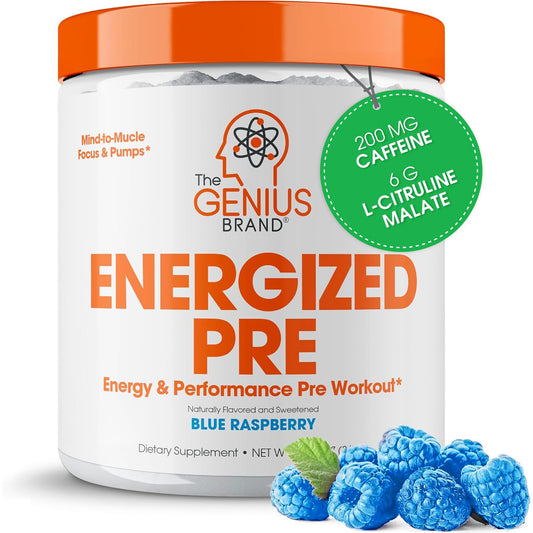 Genius Energized Pre Workout Powder – Caffeine Infused Pre-Workout Booster Supplement with Beta Alanine & Alpha GPC, No Artificial Sweeteners or Dyes - 200mg Caffeine, 20 Servings, Blue Raspberry The Genius BrandBuy Supplements Australia