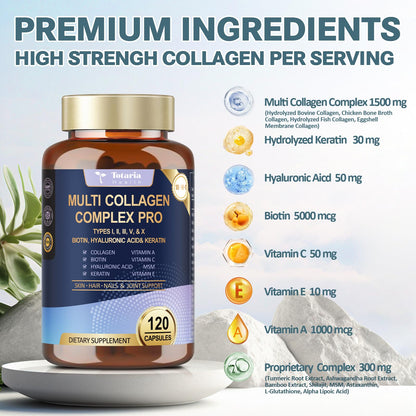 18-in-1 Collagen Pro with Hyaluronic Acid, Keratin, Biotin, VIT A C & E for Skin, Hair, Nails, Joint & Beauty - Multi Collagen Peptides Capsules