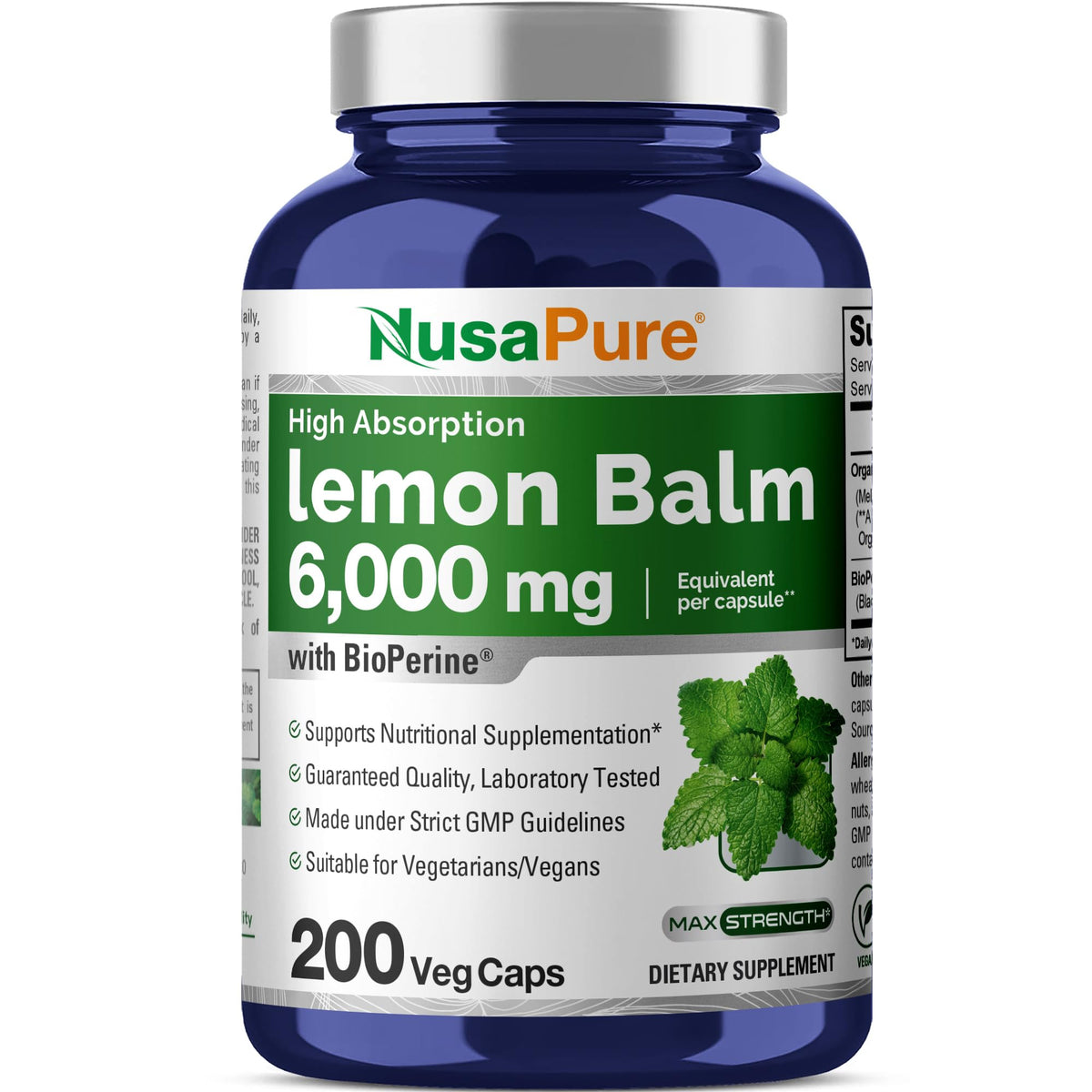 NusaPure Lemon Balm 30:1 Extract, 200 mg Equivalent to 6000mg Per Vegan Caps - 200 Count Non-GMO, Vegan Bioperine NusaPureBuy Supplements Australia