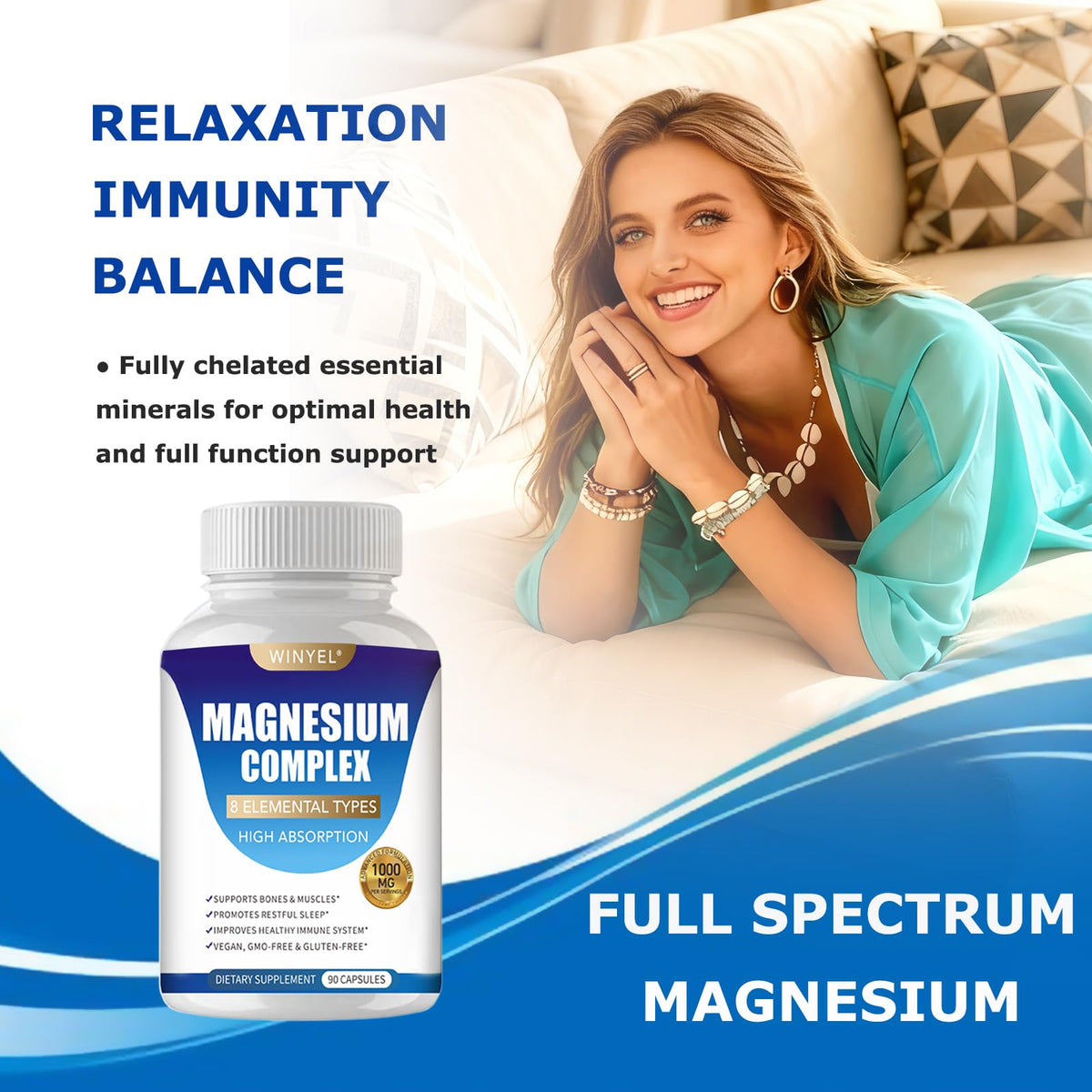 Magnesium Complex Supplement 8 Elemental 1000mg | Magnesium Supplement with Glycinate, Malate, Citrate | Sleep, Relaxation, Bone & Muscle | Vegan 90 Capsules WINYEL buy supplements Au