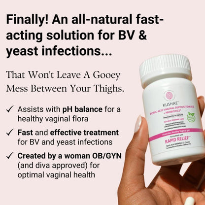 Kushae Boric Acid Suppositories + Rapid Relief, All Natural Female Suppositories with Probiotics & Aloe Vera, Relieves Discomfort & Balances pH Level Bottle Only 21 Capsules KushaeBuy Supplements Australia