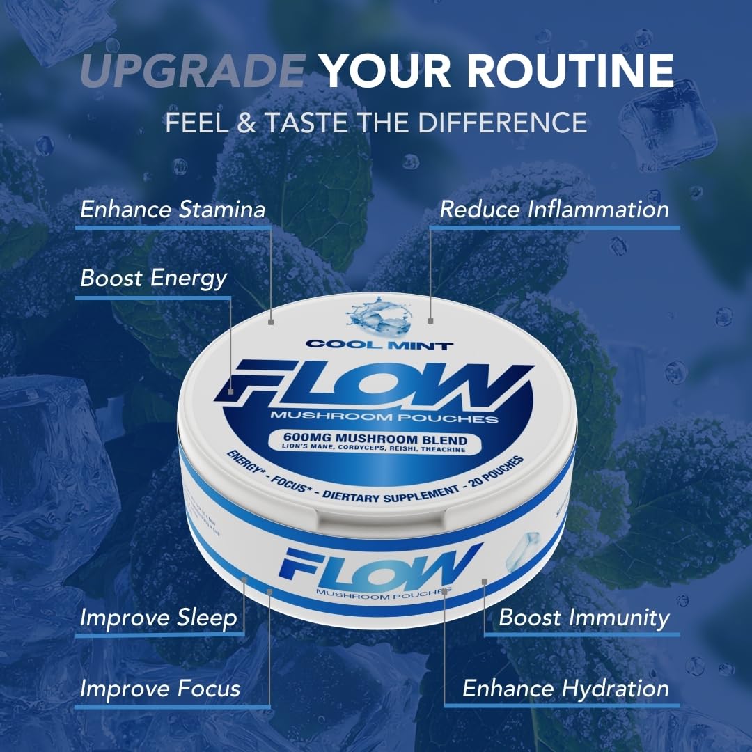 Flow Pouches Mushroom Nootropic Pouches - 600mg Organic Mushroom Energy Ultra Pouches with Lion's Mane, Reishi, Cordyceps for Focus & Clean Energy - Zero Caffeine or Sugar (5 Can Pack, Cool Mint) Flow PouchesBuy Supplements Australia
