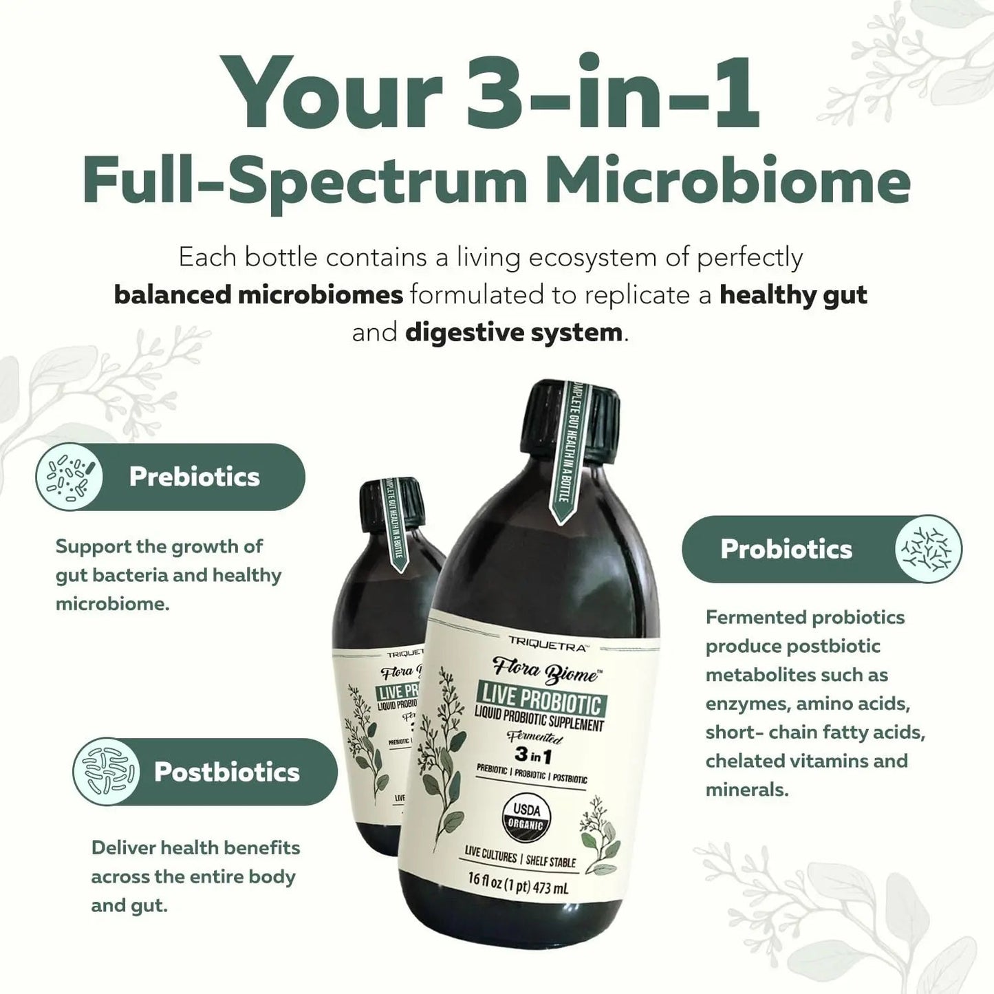 Flora Biome - Live Probiotic, Prebiotic, & Postbiotic – Organic Live-Culture – 10 Probiotic Strains, 18 Fermented Herbs - Complete Gut Health & Microbiome Optimizer (16 oz) Triquetra HealthBuy Supplements Australia
