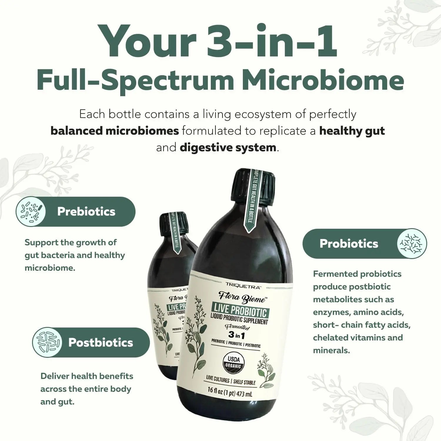 Flora Biome - Live Probiotic, Prebiotic, & Postbiotic – Organic Live-Culture – 10 Probiotic Strains, 18 Fermented Herbs - Complete Gut Health & Microbiome Optimizer (16 oz) Triquetra HealthBuy Supplements Australia