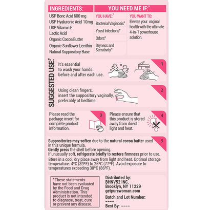 PURE WOMAN - pH-ighter Vaginal Boric Acid Suppositories for Women - Hyaluronic Acid - 4 in 1 Vaginal Suppositories for Discomfort, Dryness, Odor & pH Balance- Full Vaginal Health Care - 10ct PURE WOMANBuy Supplements Australia
